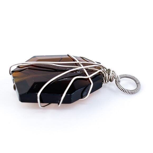 Handcrafted Wire-Wrapped Glass Pendant | Brown Geometric - Picture 3 of 6